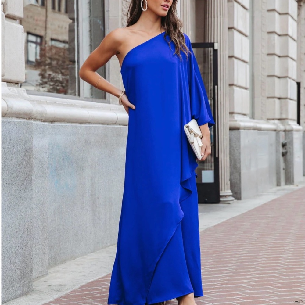 Vici Tyche Satin One Shoulder Maxi Dress Blue Size M